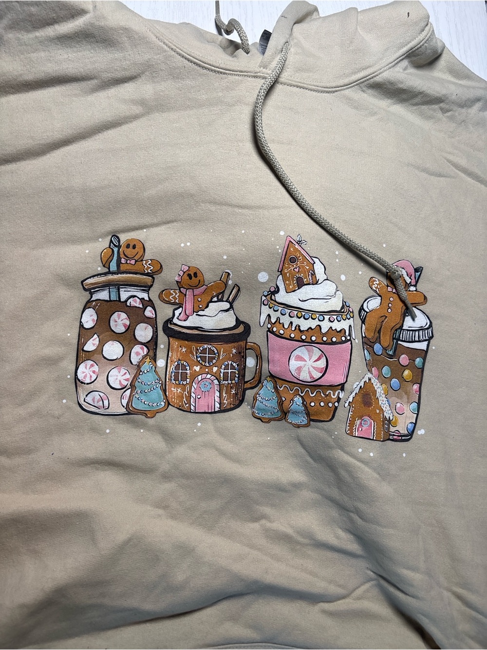 Gildan Beige Hoodie with Gingerbread Hot Cocoa Cup Graphic